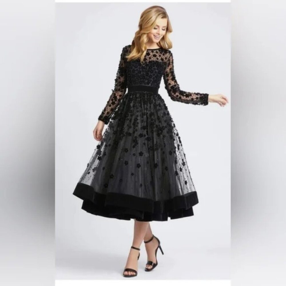 Mac Duggal Embelished Illusion 3D Floral Mesh/Velvet Black Dress Size 8 - Picture 2 of 4